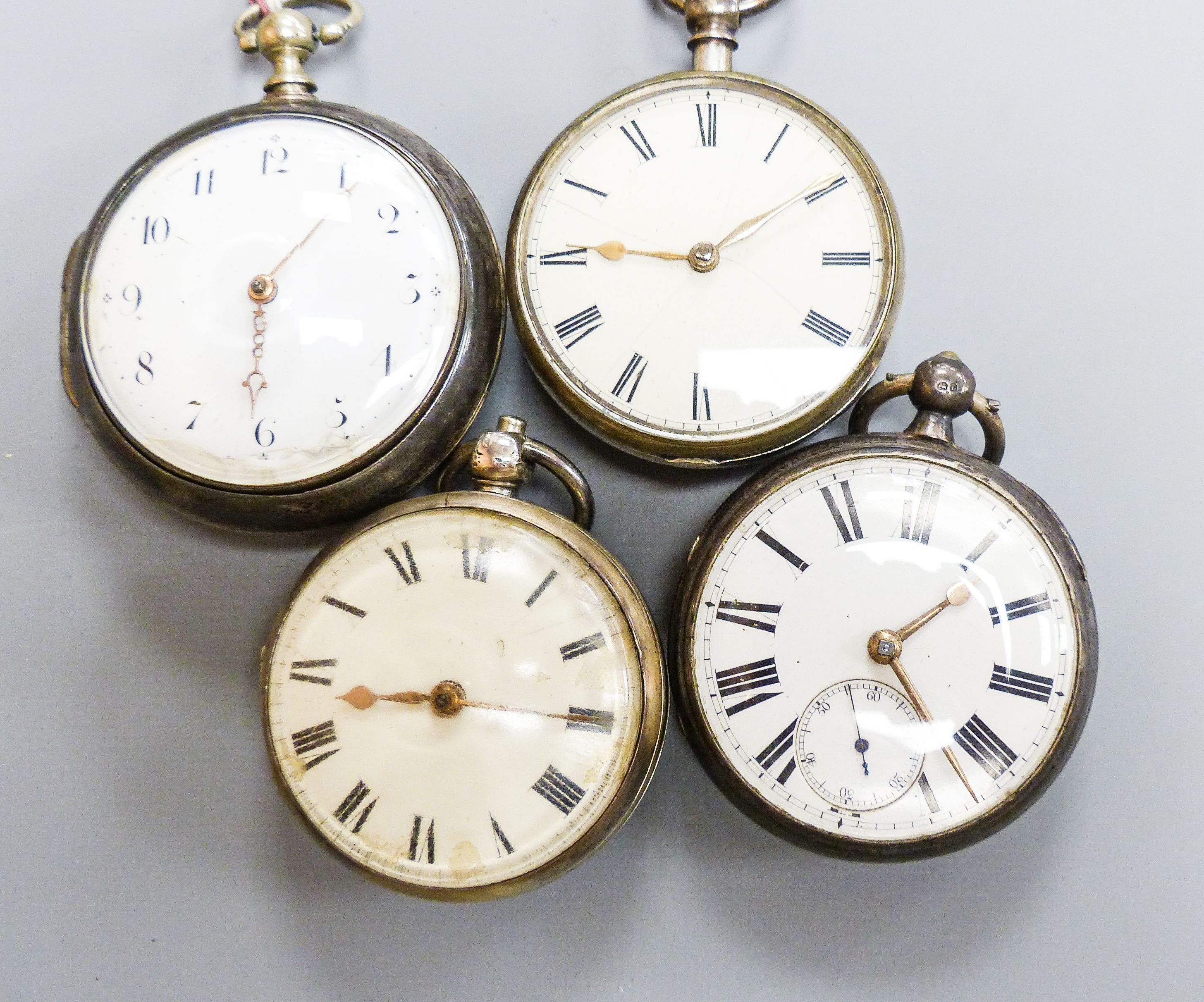 A George III silver pair cased keywind verge pocket watch, movement signed Jackson, Maidstone and three other 19th century silver verge pocket watches.